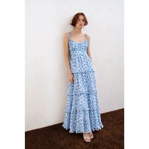 Allison New York | Sky Blue Floral Kennedy Tiered Maxi Dress with Tie Straps XS